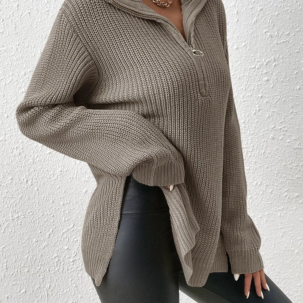 Casual Half Zip Split Hem Sweater Khaki - Picture 4 of 5